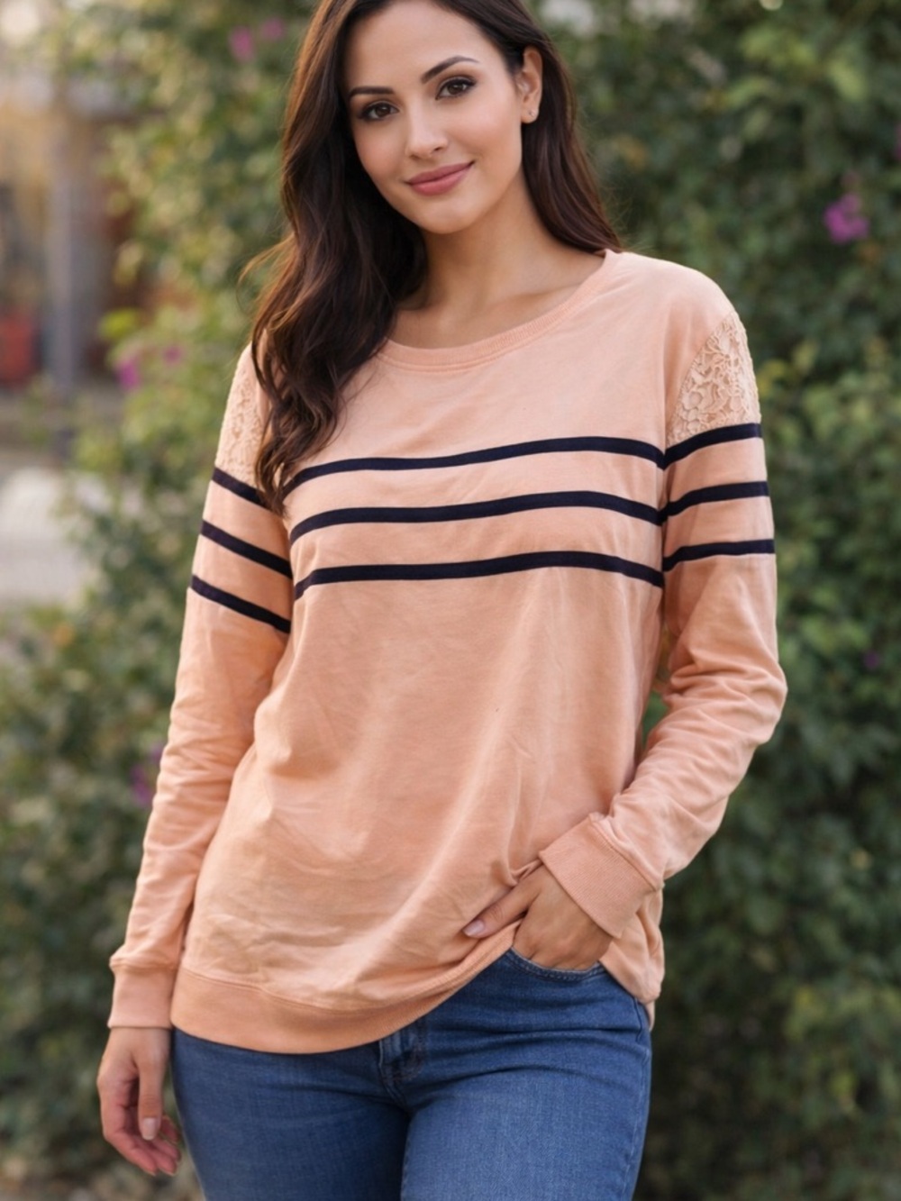 Karl Lagerfeld soft pink sweater, cotton fabric, lace in the sleeves, size L.